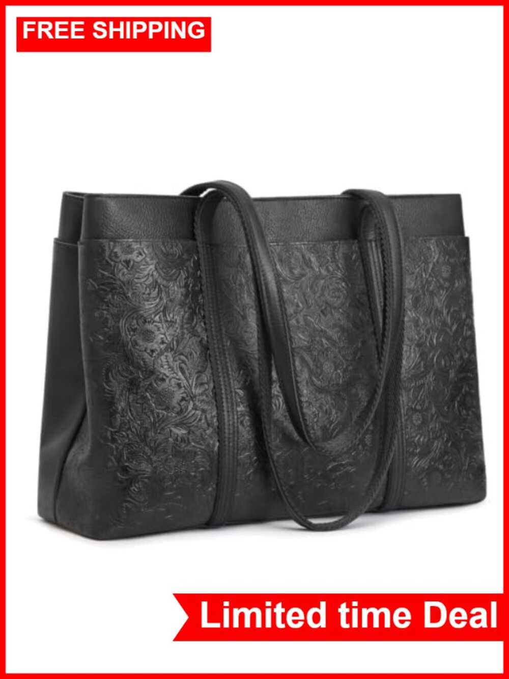 Large Leather Tote Bag for Women Shoulder Handbag Floral Embossed 3 Compartments